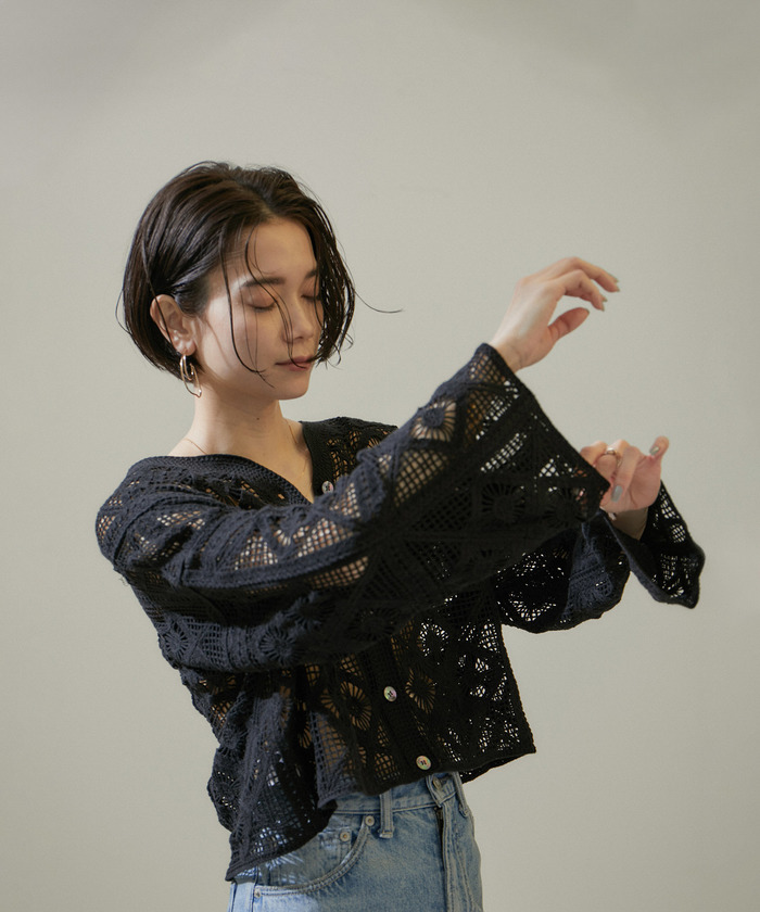 SALON adam et rope クロシェニットクロップドカーディガン SALON adam et rope' カーディガン クロシェニットクロップド