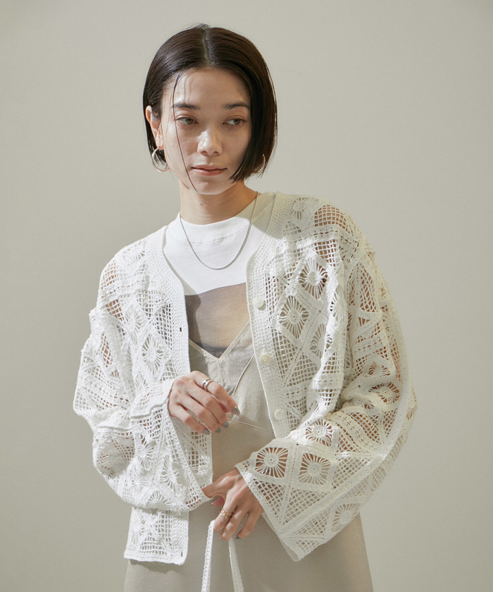 SALON adam et rope クロシェニットクロップドカーディガン SALON adam et rope' カーディガン クロシェニットクロップド