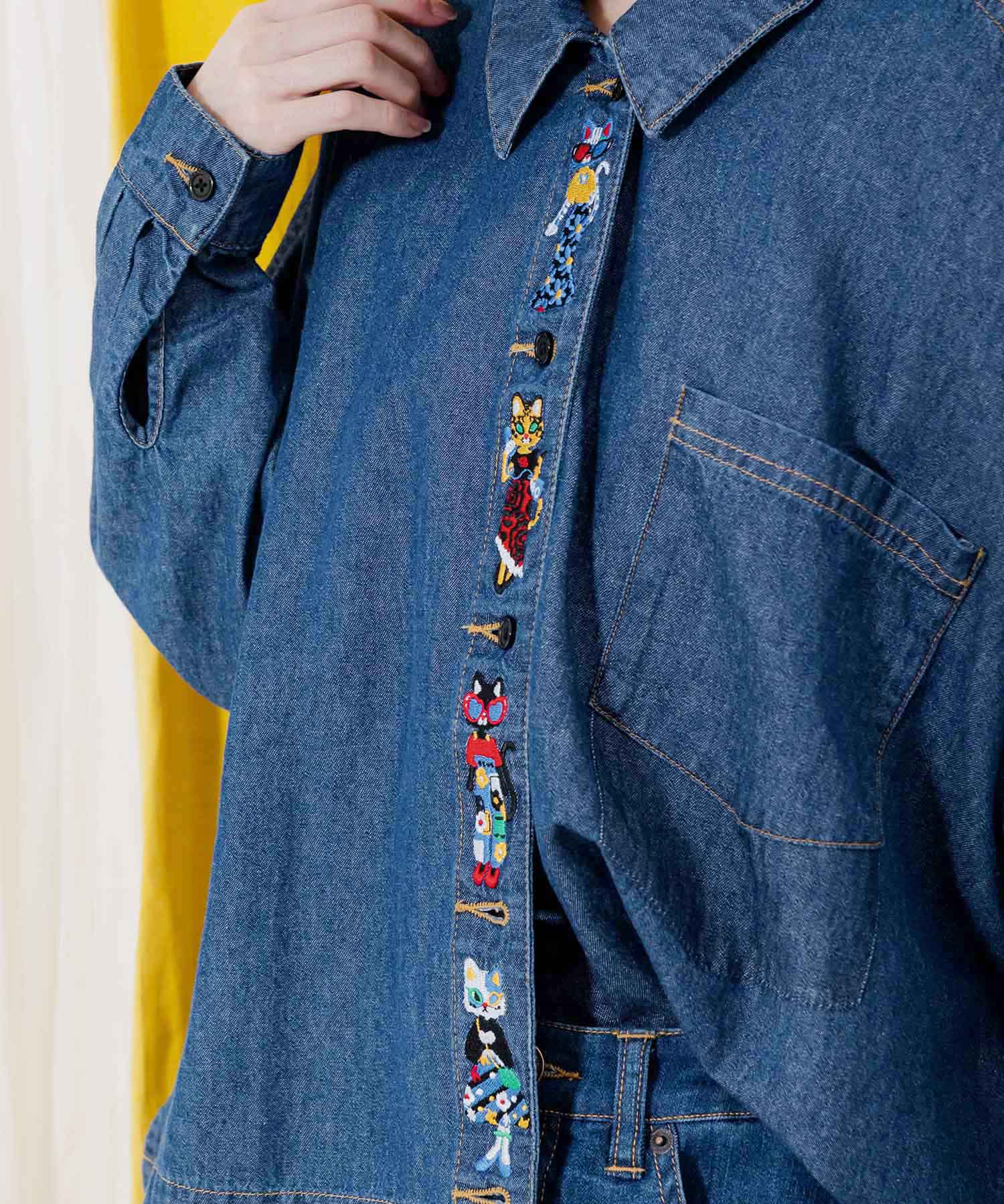 セール 10%OFF】スカラー ScoLar おしゃれネコ刺繍デニムシャツ