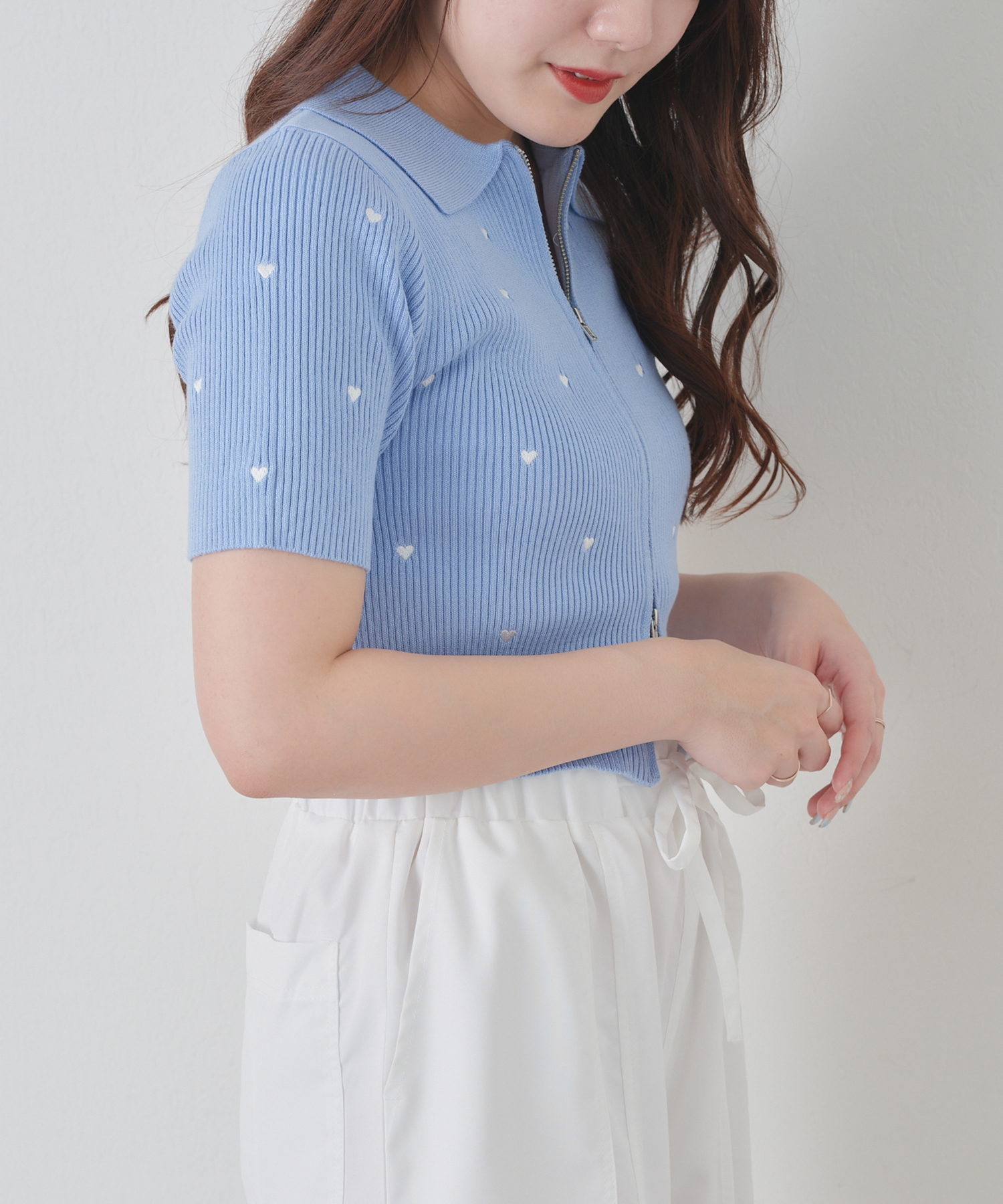 ハート刺繍WZIPポロニット トップス ニット 春(506057472