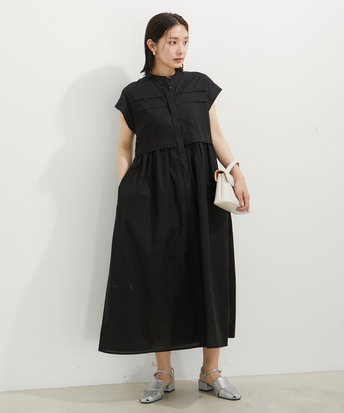 ワッシャーブロードワンピース　フレンチスリーブ　シャツワンピース　ロング ワッシャー加工ロングシャツワンピース【ゆったりワンサイズ