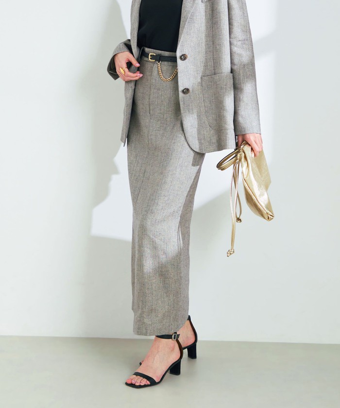 極美品✨ノーリーズソフィー　ノーカラースーツセットアップ　スカート　アイボリー セール 30%OFF】《セットアップ対応》ラメリネンタイトスカート