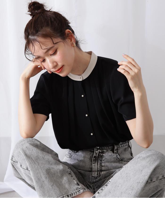 クD184N.Natural Beauty Basicパールボタン半袖リブニット クD184N.Natural Beauty Basicパールボタン半袖リブニット