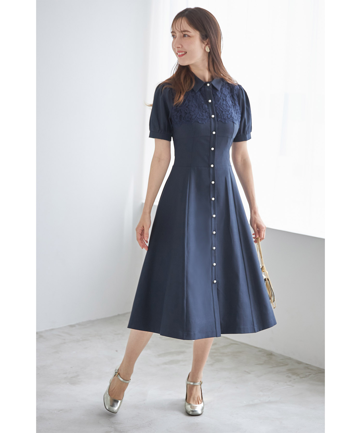 POLO RALPH LAUREN（M）レースアップリブワンピースネイビー