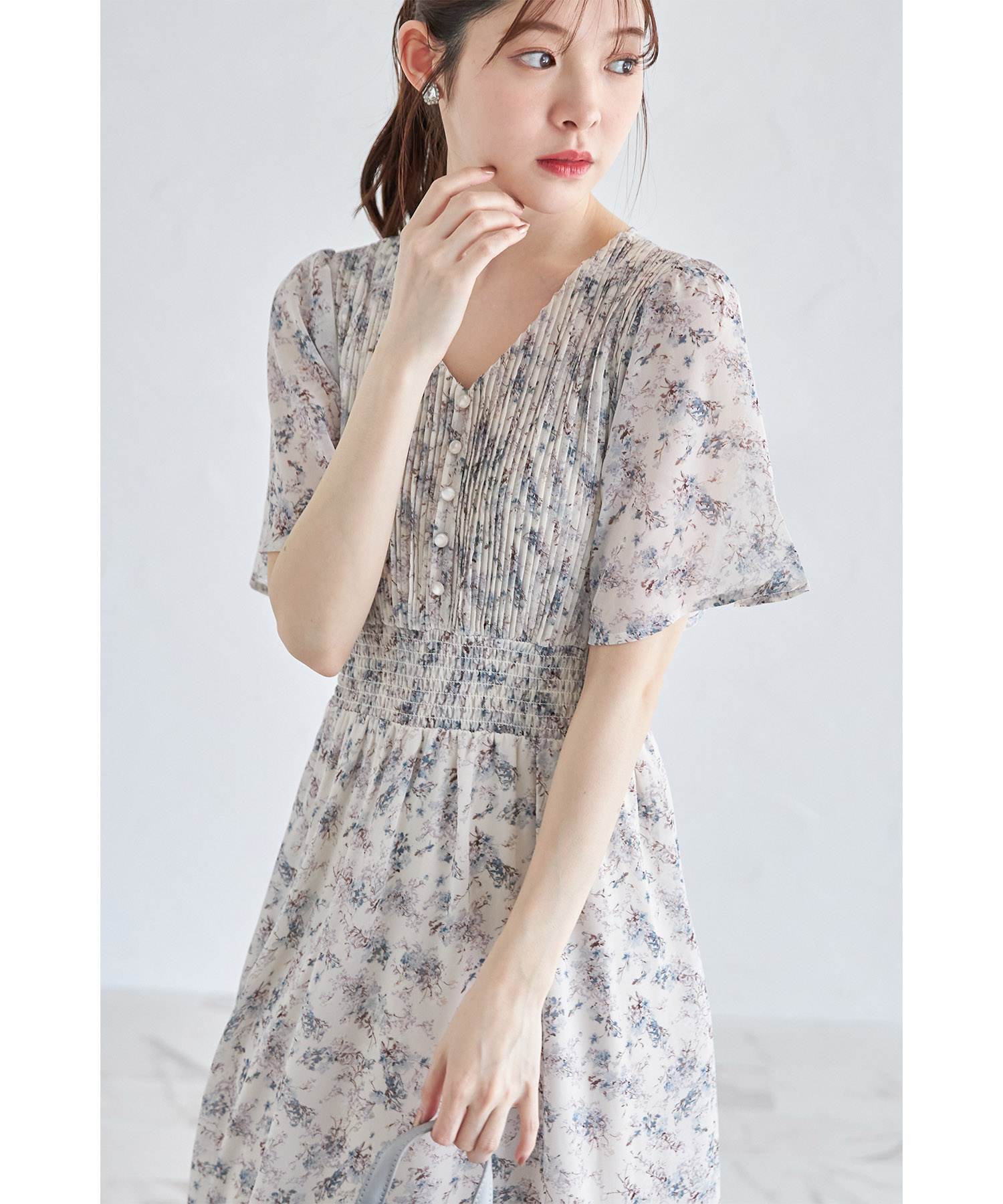 ★ChicLine★ ドットシャーリングシフォンワンピース ドット柄 シャーリング シフォン フレアワンピース S〜XXL