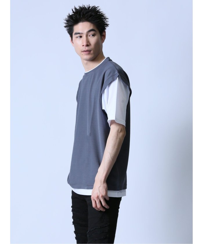 ロゴ ニットTシャツ 半袖 クルーネック ゆったり カジュアル クーポン】梨地フェイクレイヤード クルーネック半袖Tシャツ