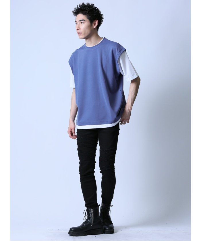 クーポン】梨地フェイクレイヤード クルーネック半袖Tシャツ