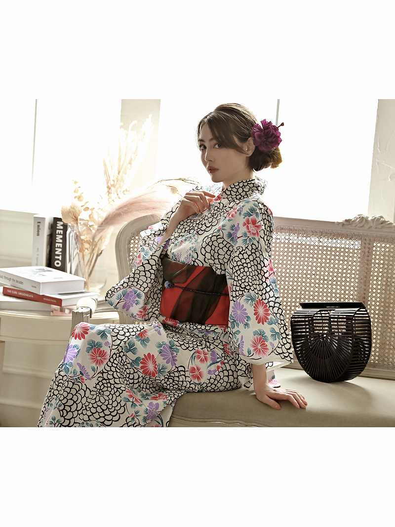 美品！　ノーアイロン　浴衣　身丈163 化繊　ホワイト　付け帯　さくら　リボン Q285】桜メイド浴衣セット - puppetbombs