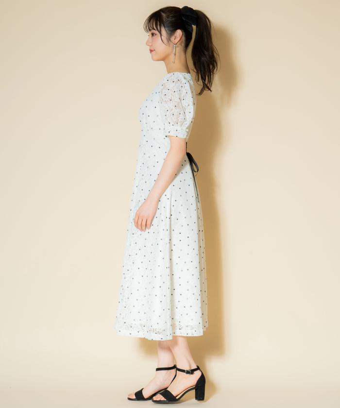 セール 30%OFF】ラッセルレース×ドットプリントワンピース
