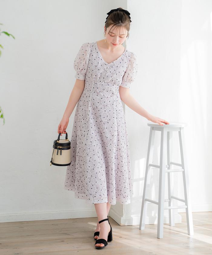 セール 30%OFF】ラッセルレース×ドットプリントワンピース