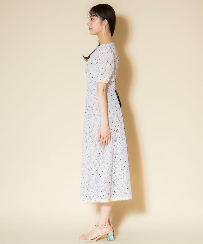 セール 30%OFF】ラッセルレース×ドットプリントワンピース
