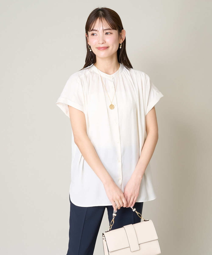 Ꮇ-premier BLACK✨サテン ギャザー タック ブラウス　36 AMBIDEX Store 〇embroidery jacquard ギャザースリーブブラウス