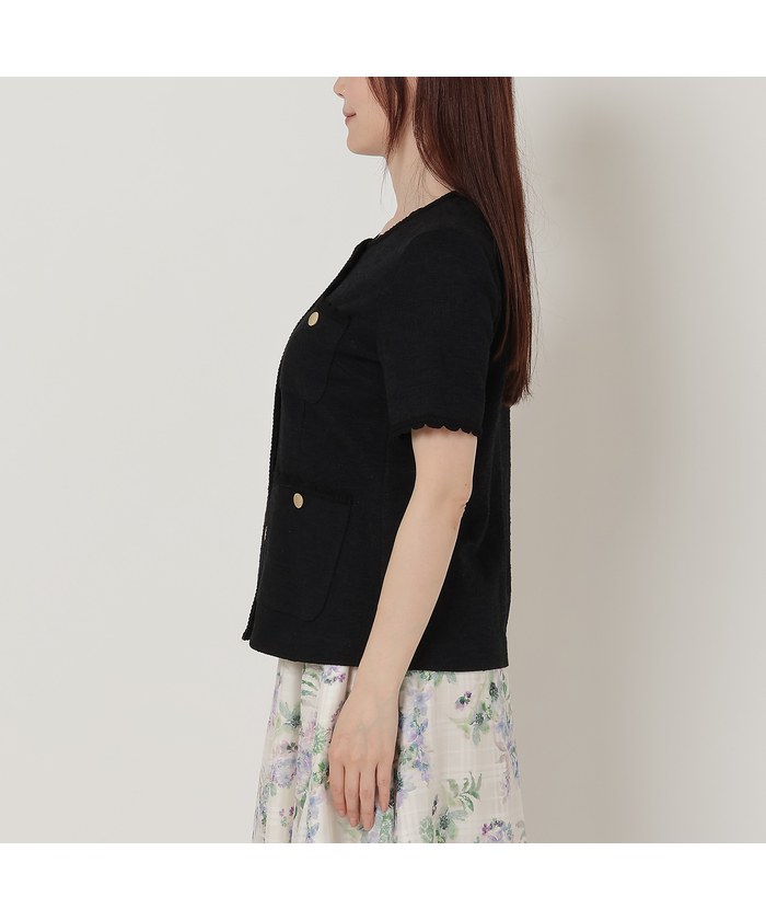 ローズティアラ ツイードノーカラー半袖ジャケット サイズ42 XL