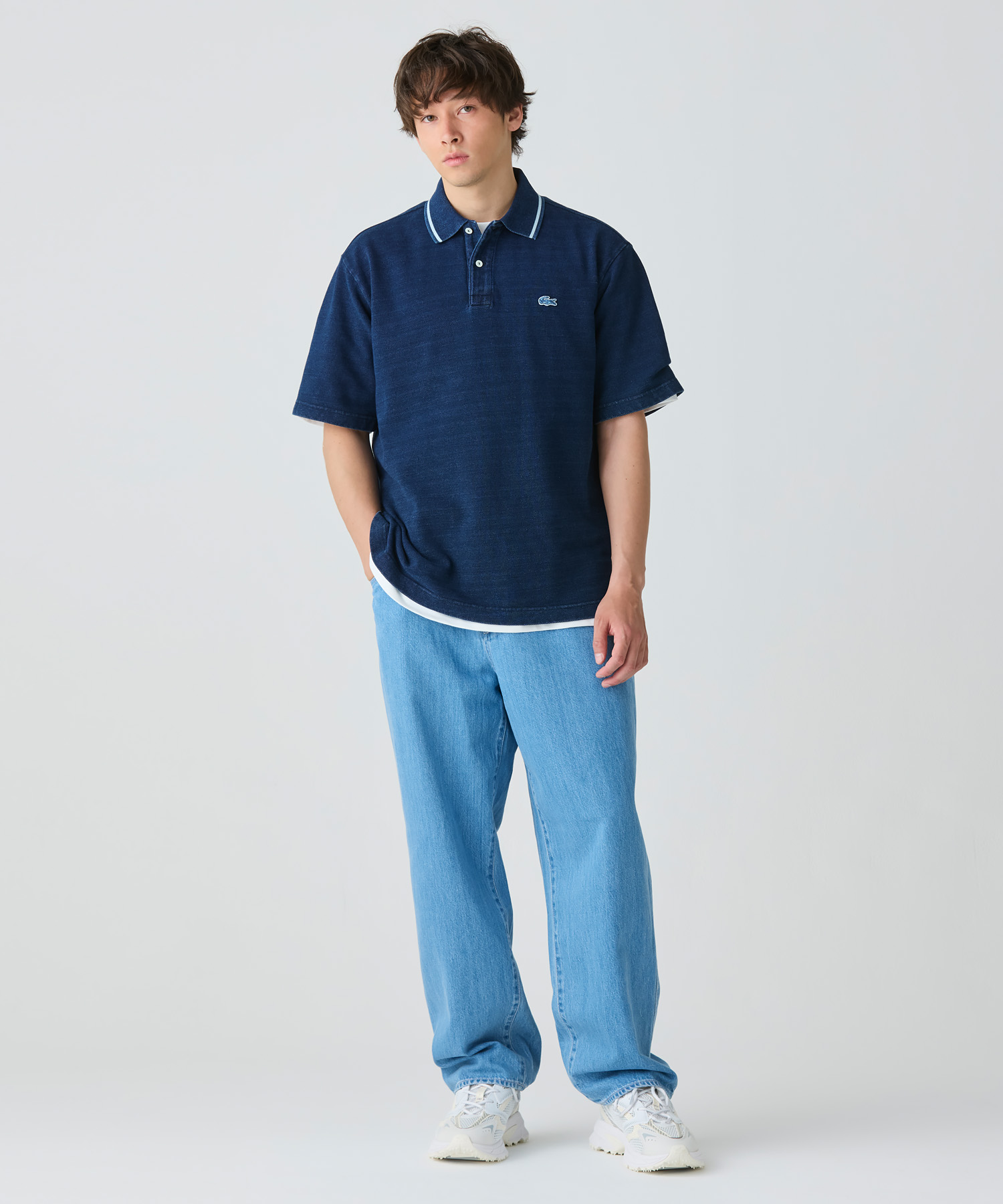LACOSTE ラコステ 五分袖ポロシャツ 36 ネイビー インディゴ ロング丈 ラコステ LACOSTE 配色リブニットインディゴポロシャツ （ダーク