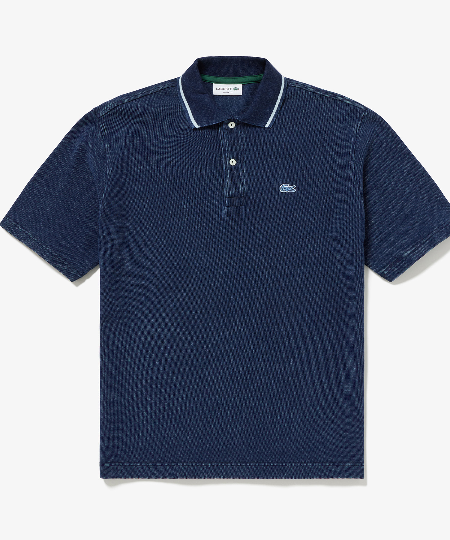 【新品未使用】LACOSTE ラコステ ポロシャツ インディゴ色 36 M セール】ラコステ LACOSTE 配色リブニットインディゴポロシャツ