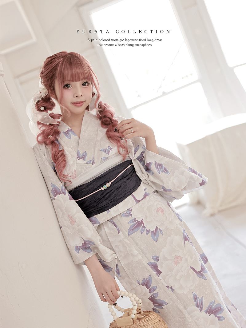 レディース浴衣　竺仙　花柄 朝顔　グレー系　Lサイズ セール 7%OFF】リューユ Rew－You 浴衣 グレー 花柄 くすみ 大人
