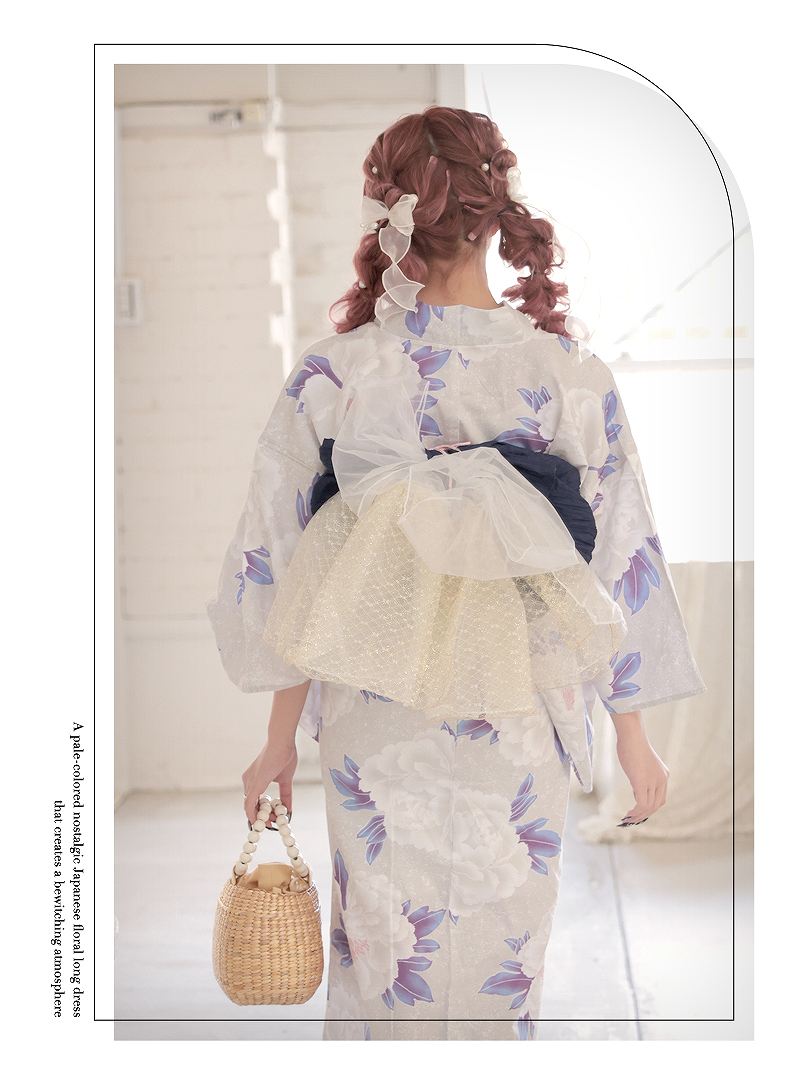 レディース浴衣　竺仙　花柄 朝顔　グレー系　Lサイズ セール 7%OFF】リューユ Rew－You 浴衣 グレー 花柄 くすみ 大人