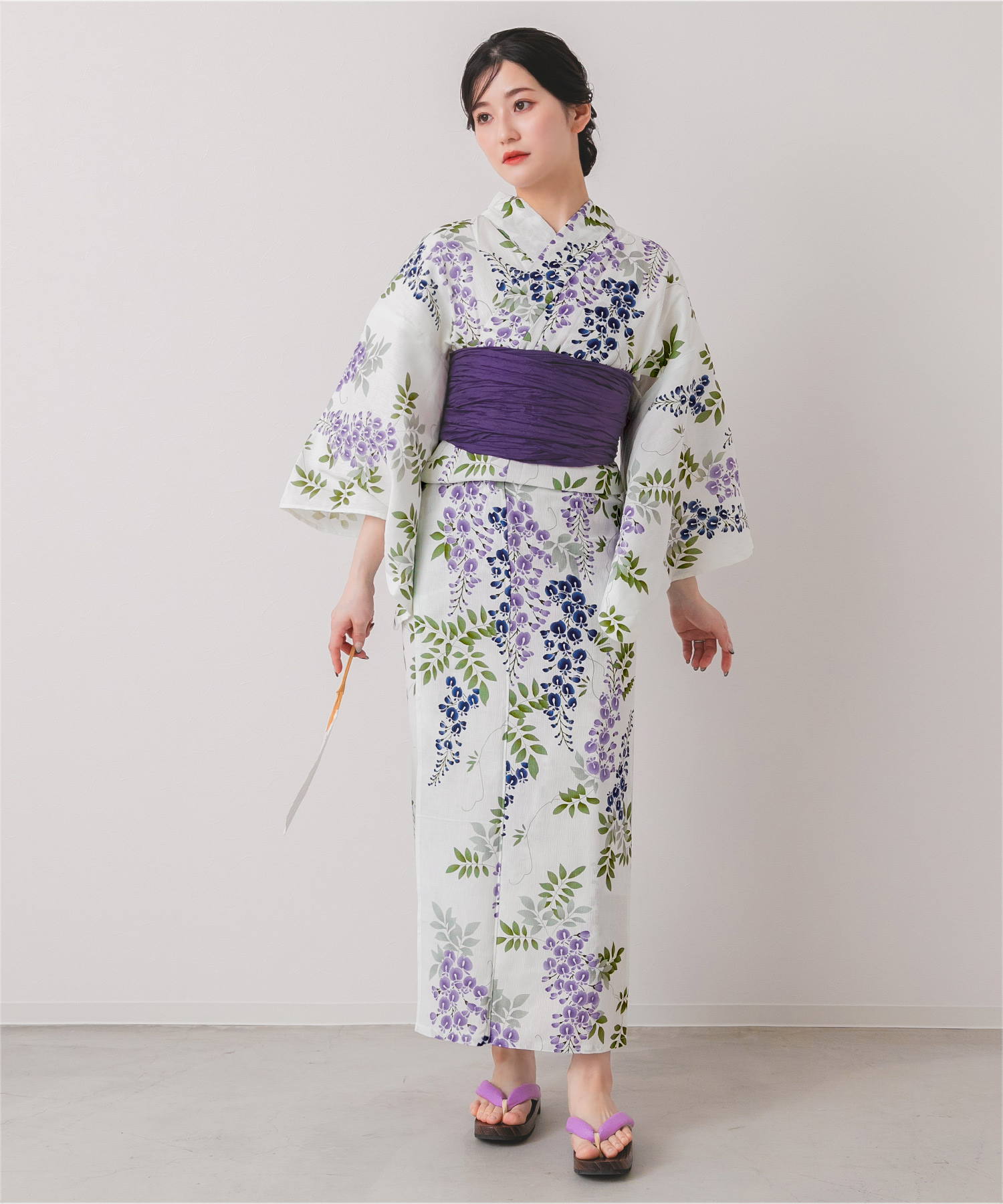 綿麻　浴衣　新品 クーポン】[浴衣+帯]綿麻生地はんなり藤柄浴衣2点セット