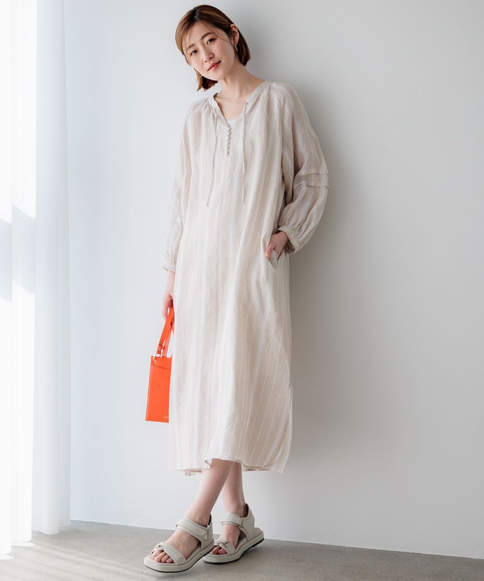 美品 23区 LIBECO リネン カフタンワンピース ブラック M 洗える 麻 洗える】LIBECO カフタン ワンピース / 23区 | ファッション通販