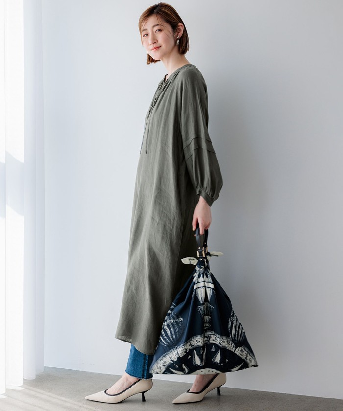 美品 23区 LIBECO リネン カフタンワンピース ブラック M 洗える 麻 洗える】LIBECO カフタン ワンピース / 23区 | ファッション通販