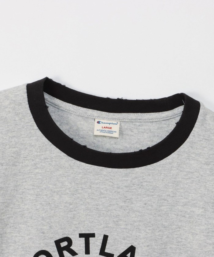 ジャージー クロップドTシャツ ダメージ加工 プリント入り δ セール】【Champion/チャンピオン】プリント リンガーTシャツ