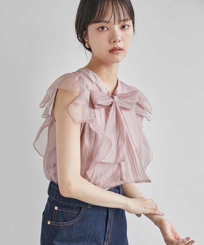 主役級!華やぎシアーシャイニーボウタイフリルブラウス【前後 主役級!華やぎシアーシャイニーボウタイフリルブラウス【前後