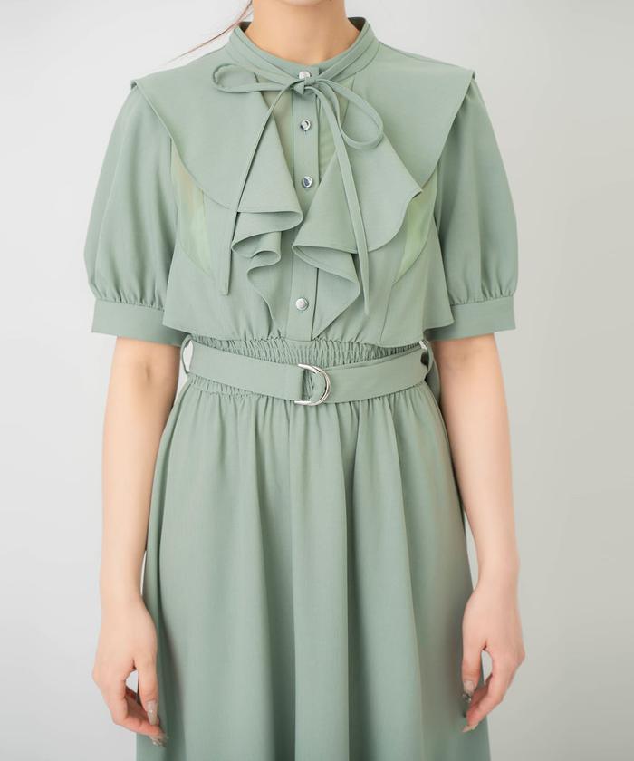 美品】ラッフルバンドカラーワンピース ストライプシャツ