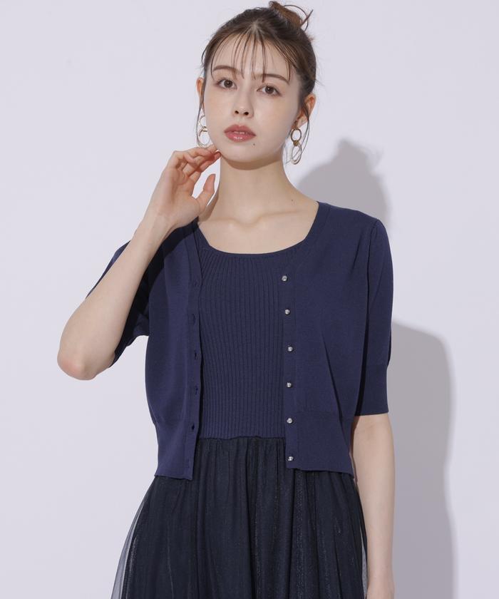 ★M&S Collection オンブルセルフタイシャツ 淑女ワンピ★ 五分袖シャイニーシアーチュールアンサンブルワンピース