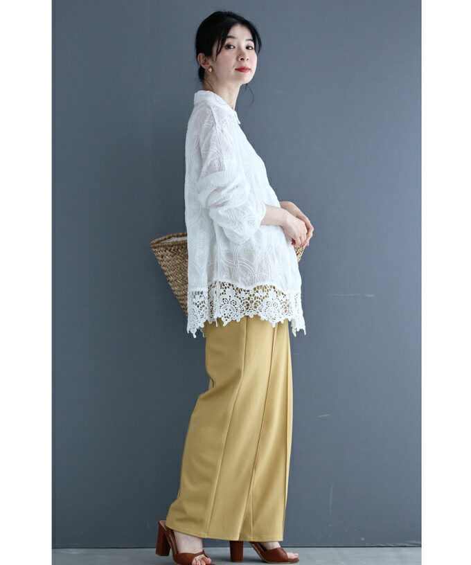 cawaii FRENCH PAVE 後ろレースシャツ 長袖シャツ ふっくらカッティングレース袖のシャツトップス 長袖（シャツ