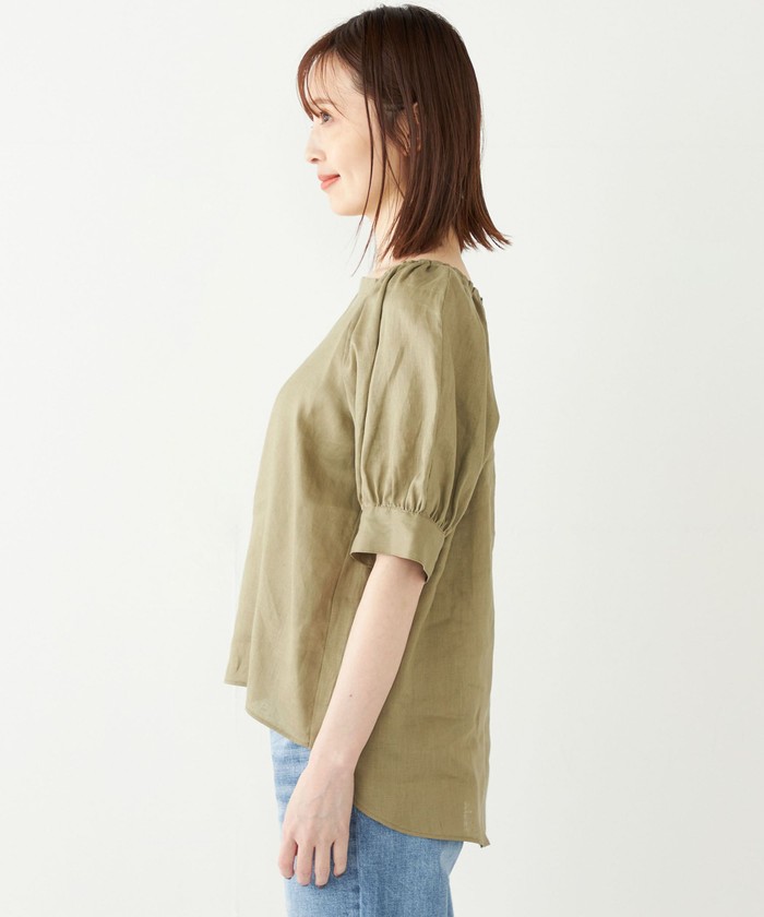 美品SHIPSシップスリネンブラウスパフスリーブブラック黒花柄麻