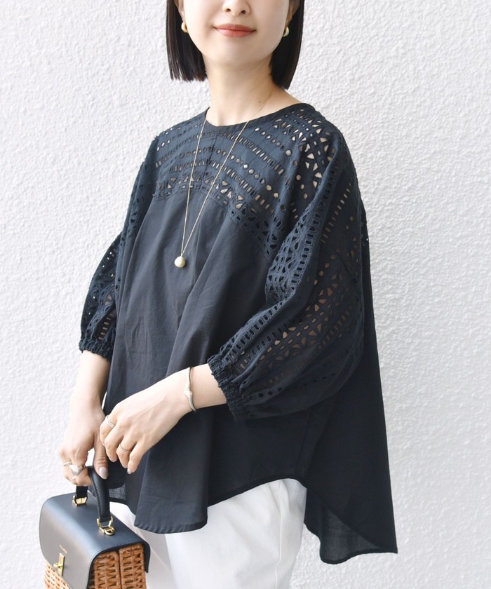 くまです★美品★レースコンビ ブラウス セール 30%OFF】*〈洗濯機可能〉袖 カットワーク レース コンビ