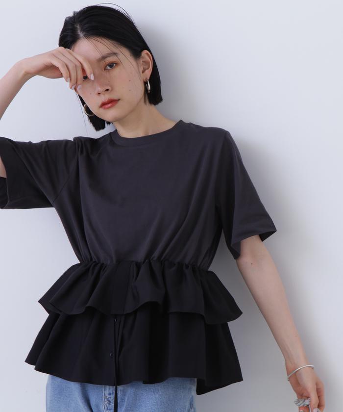 異素材ペプラムTシャツ （BLK） Honeys tシャツ 異素材使いペプラムTシャツ レディース