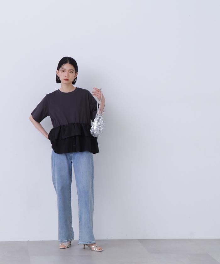 異素材ペプラムTシャツ （BLK） Honeys tシャツ 異素材使いペプラムTシャツ レディース