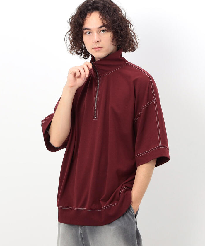 Purple&Yellow tシャツ カラーステッチ半袖ハイネックハーフ
