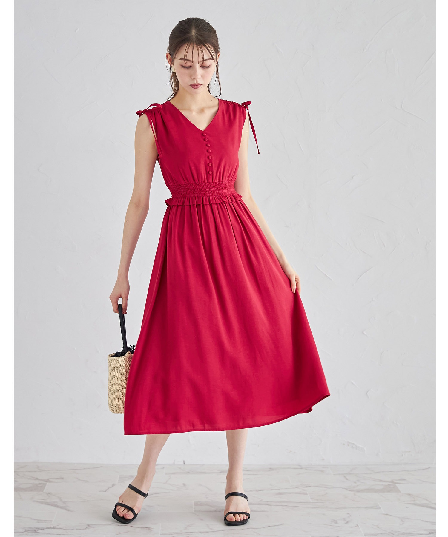ドロスト肩リボン付きウエストシャーリング麻タッチワンピース　ブラック セール 50%OFF】トッコクローゼット tocco closet ドロスト肩