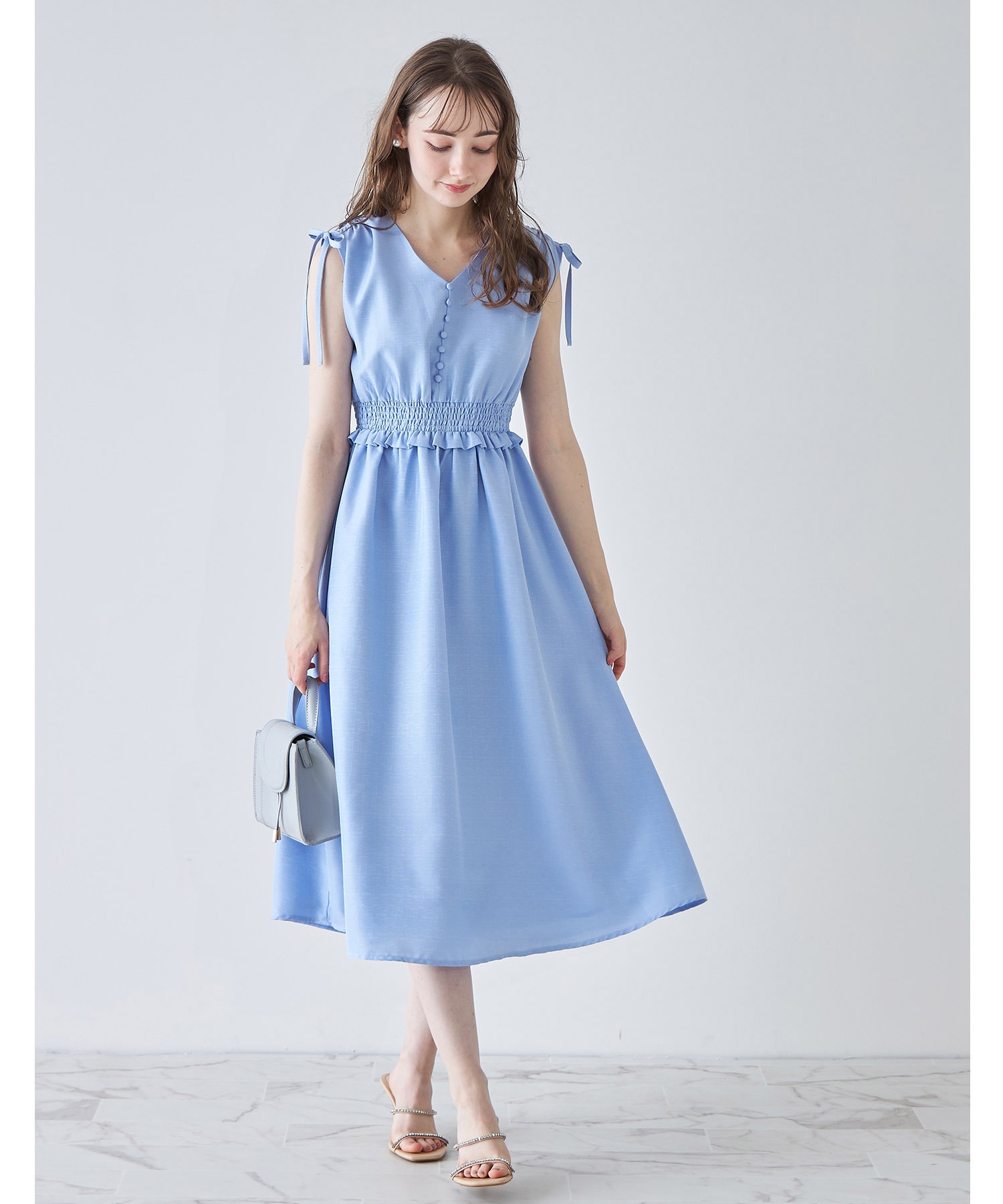 CHICWISH(シックウィッシュ)｜肩リボン刺繍シャーリングドレス CHICWISH(シックウィッシュ)｜肩リボンシャーリングキャミドレス