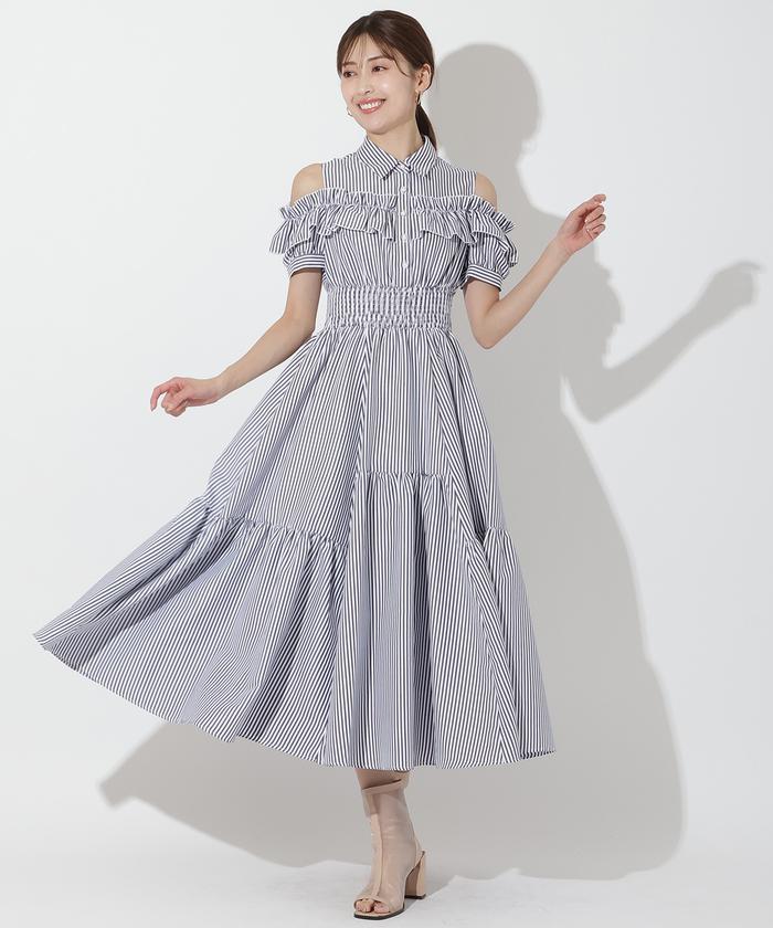 And Couture ストライプオフショルフリルワンピース ストライプオフショルフリルワンピース(506208129) | AND