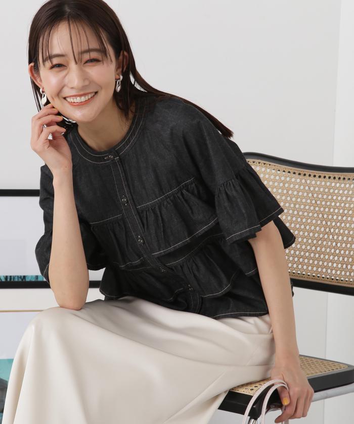 エヌナチュラルビューティーベーシック 配色ボタンショルダースリーブブラウス モカ フロントボタンラッフルブラウス(506208149) | エヌナチュラル