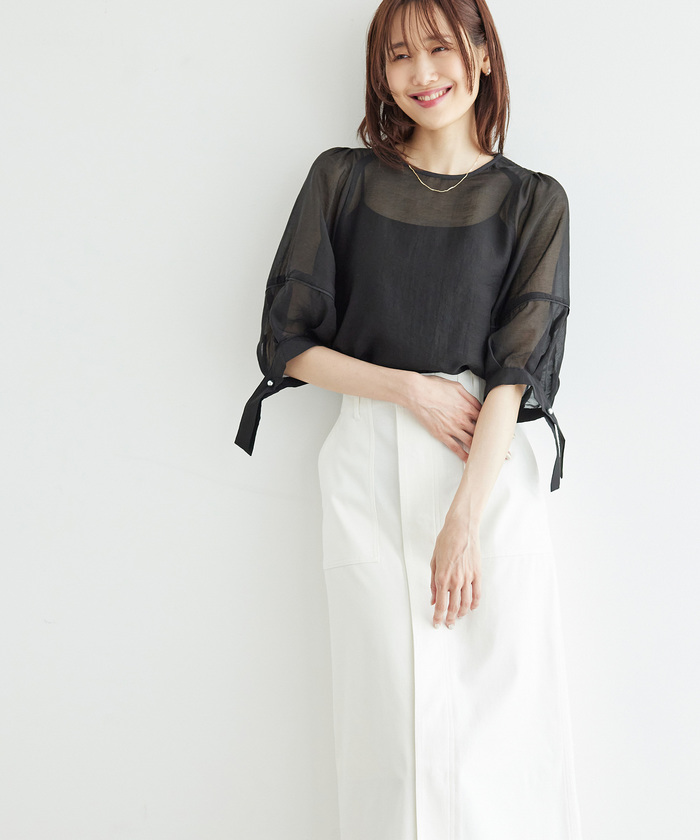 セール 50%OFF】【emur/エミュール】シアーフリルカフスブラウス