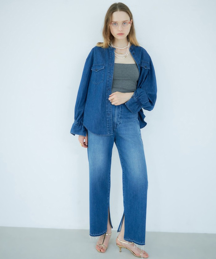 Rie Miller◆長袖ブラウス/FREE/コットン/BLU/4-0038-9-01-002/パワショルデニムブラウス 追加7回】【RM denim】フリルギャザーデニムブラウス（4-0038-6