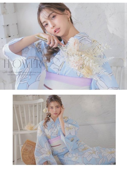 浴衣 青 大柄 花柄 百合 かわいい キラキラ 水色 大人浴衣 ラメ帯 大人 