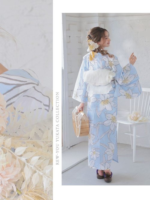 浴衣 青 大柄 花柄 百合 かわいい キラキラ 水色 大人浴衣 ラメ帯 大人 