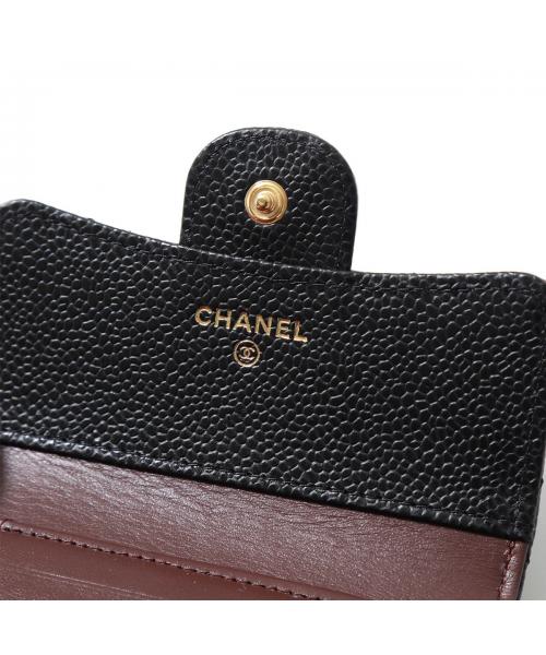 CHANEL シャネル 二つ折り財布 黒 レザー キャビアスキン 490 CHANEL ブラックレザー 二つ折り財布 チェーン付き 大人気