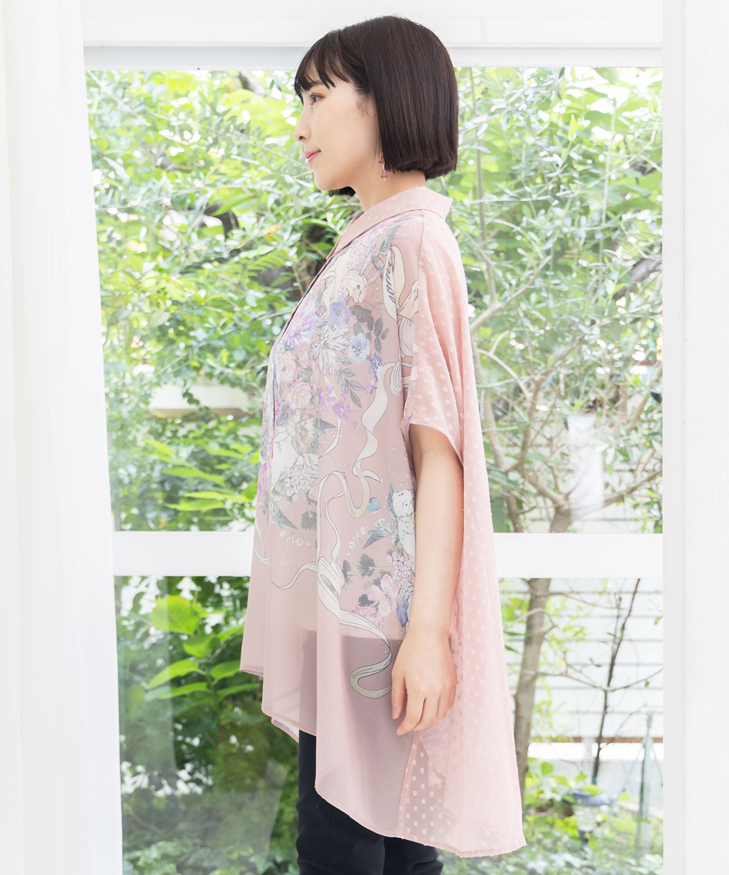 iS ScoLar イズスカラー レディース トップス 花瓶柄 シフォン 切替プルオーバー 半袖 カットソー フェミニン 絵画風 大人カジュアル ドレープ感 552267 iS ScoLar トップス is イズ スカラー 552267 花瓶柄シフォン