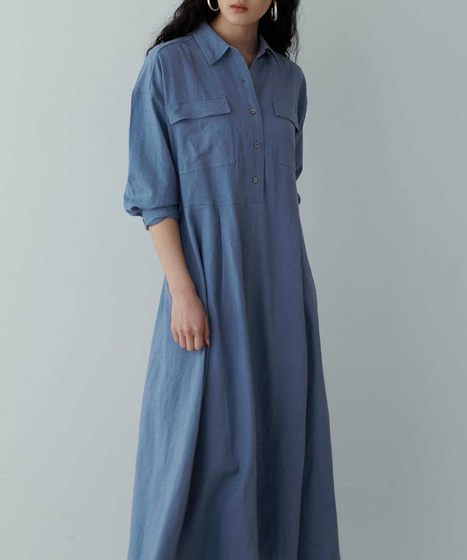 1893A美品 ティッカ リネン100%ワイドシャツワンピース ロングオリーブ 1893A美品 ティッカ リネン100%ワイドシャツワンピース ロング