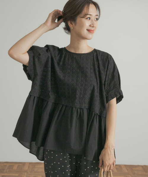 セール 30%OFF】レース切替ギャザーペプラムブラウス(506316479