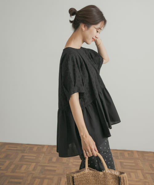 クーポン】【セール 30%OFF】レース切替ギャザーペプラム