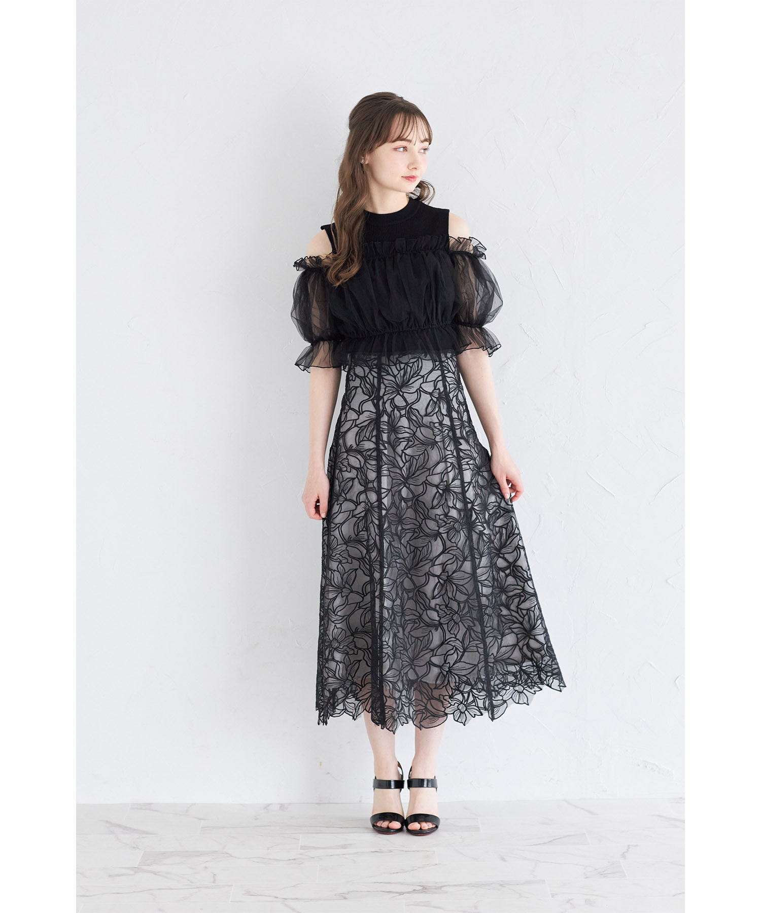 CHICWISH★バックレースアップブラウススカートセット☆ バックレースアップハイウエストフレアスカート