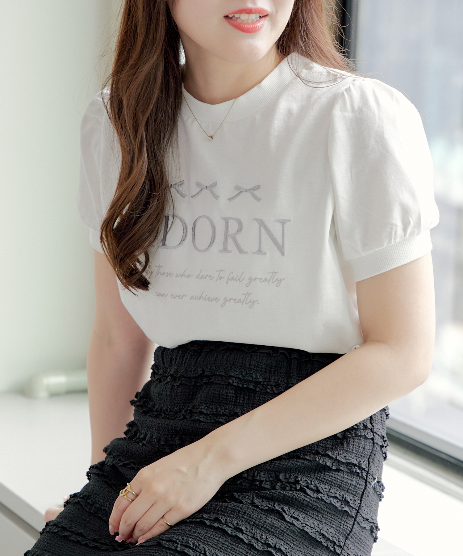 クーポン】リボンパフスリーブT トップス Tシャツ リボン
