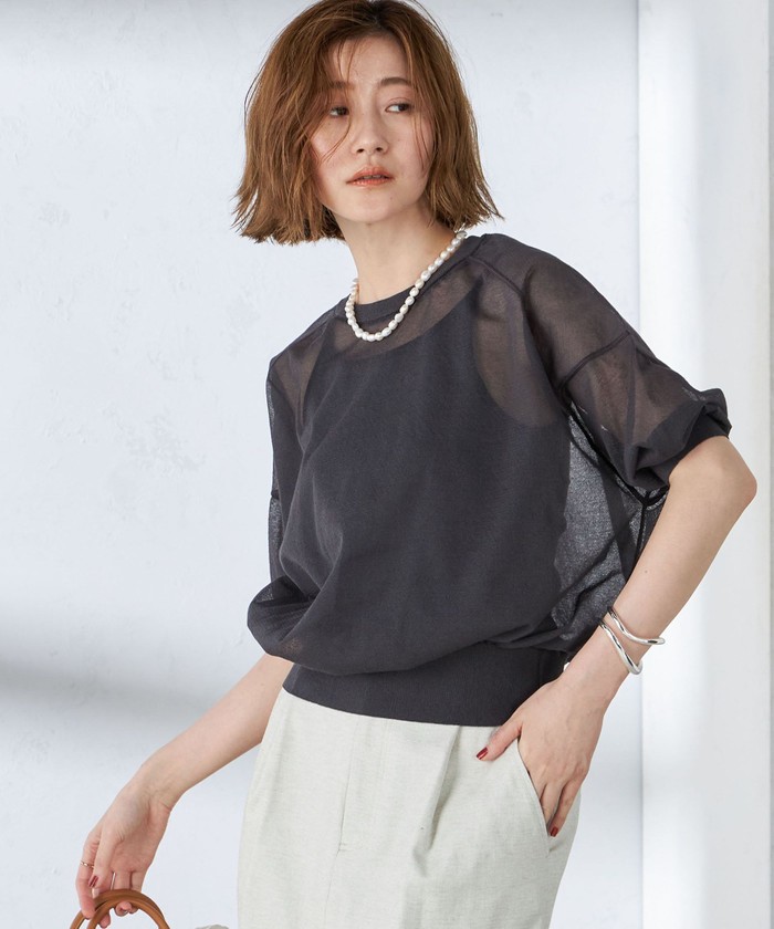 【シップス　ウィメン】〈手洗い可能〉シアー ラメ 半袖 サマー ニット セール 60%OFF】〈手洗い可能〉シアー ラメ 半袖 サマー ニット